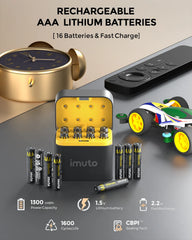 Imuto 1300mWh AAA Lithium Battery Set with 8-Slot Charger 16-Pack