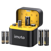 Imuto AA 3000mWh and AAA 1300mWh lithium rechargeable battery set with 8-slot charger on white background front view