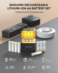Imuto 3600mWh AA  Lithium Battery Set with 8-Slot Charger 16-Pack