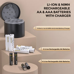Imuto 6 Pack  3600mWh AA& 4 Pack 1300mAh AAA  Lithium & NiMH Set with 10-Slot Charger 10-Pack