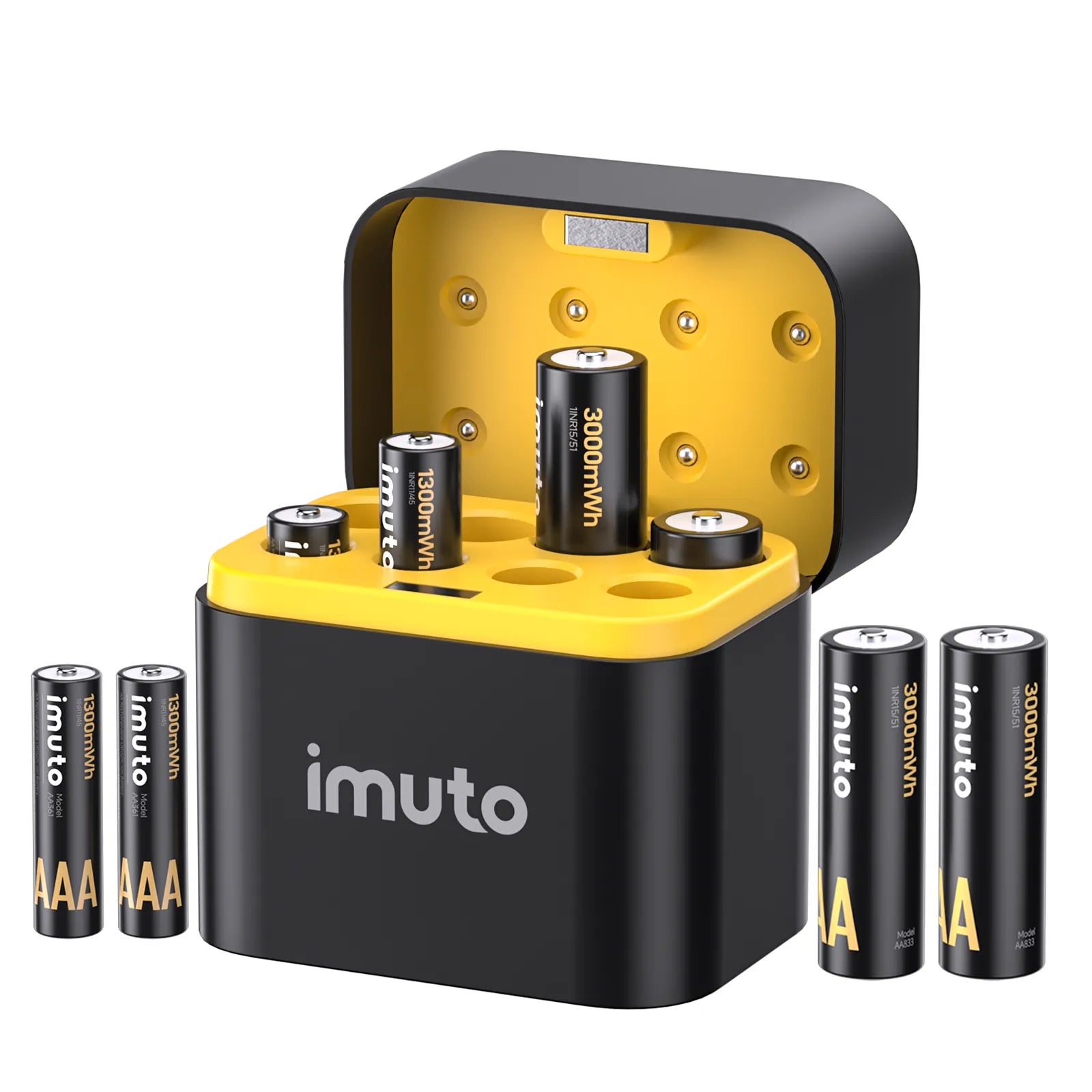 Imuto AA 3000mWh and AAA 1300mWh lithium rechargeable battery set with 8-slot charger on white background front view
