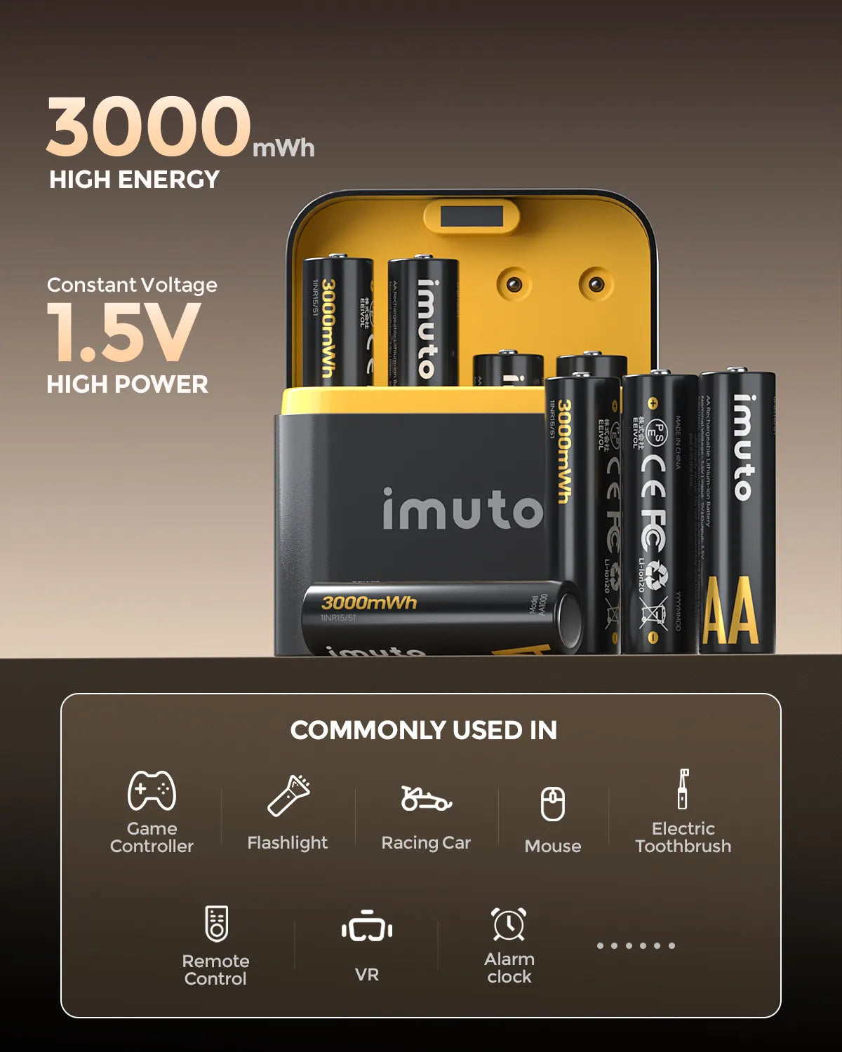 Imuto 3000mWh AA  Lithium Battery Set with 8-Slot Charger 8-Pack