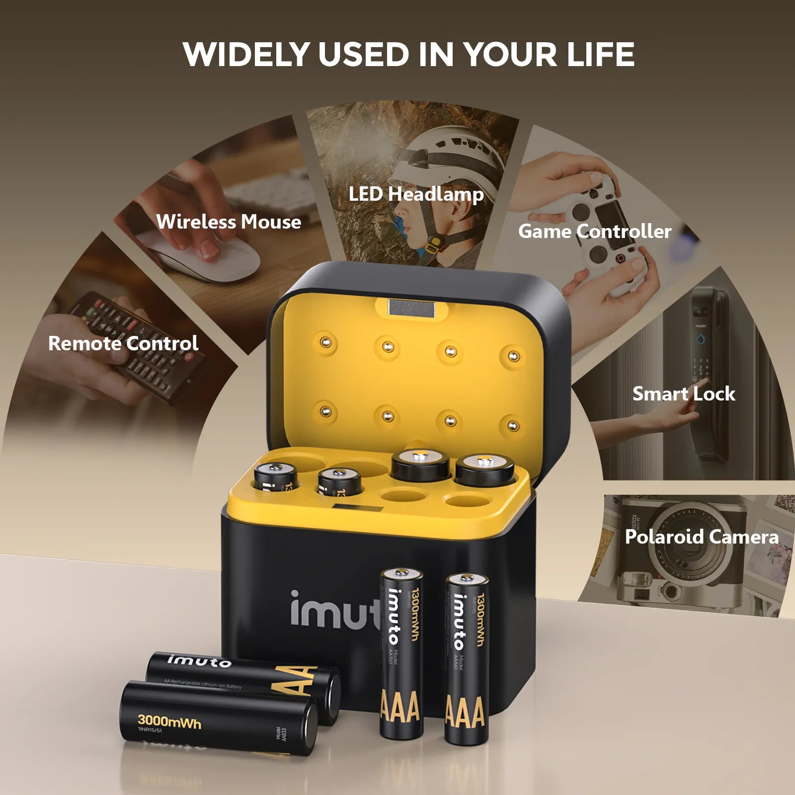 Imuto AA and AAA lithium rechargeable batteries used in everyday household electronic devices