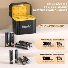 Imuto AA 3000mWh and AAA 1300mWh lithium batteries with 1.5V output and charging case specifications overview