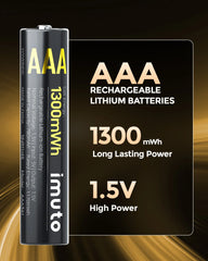 Imuto AAA 1300mWh rechargeable lithium battery highlighting 1.5V high power and long lasting performance on gradient background