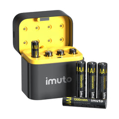Imuto AAA 1300mWh lithium rechargeable battery set with 8-slot charger displayed on white background