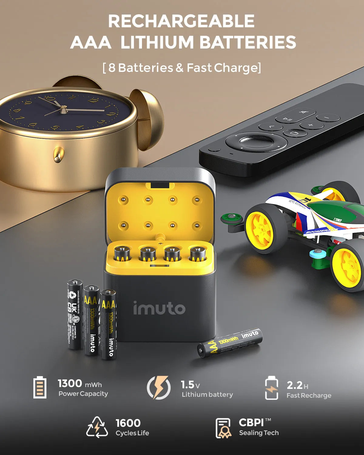 Imuto AAA 1300mWh rechargeable lithium batteries with 8-slot charger, fast charge 2.2H, used for remote, toys and electronics