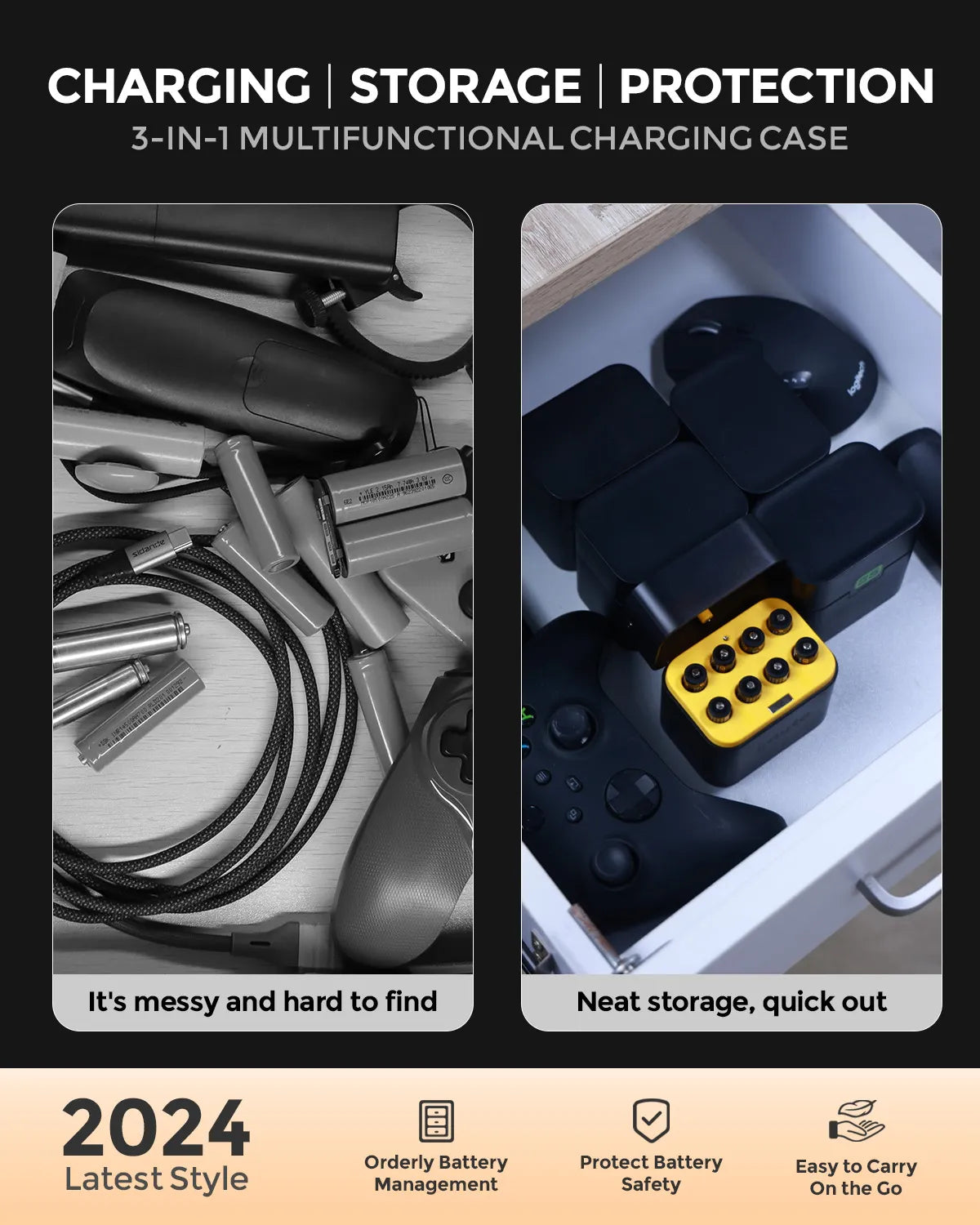 Imuto AAA lithium batteries with 3 in 1 charging, storage and protection case compared to loose batteries stored in a drawer